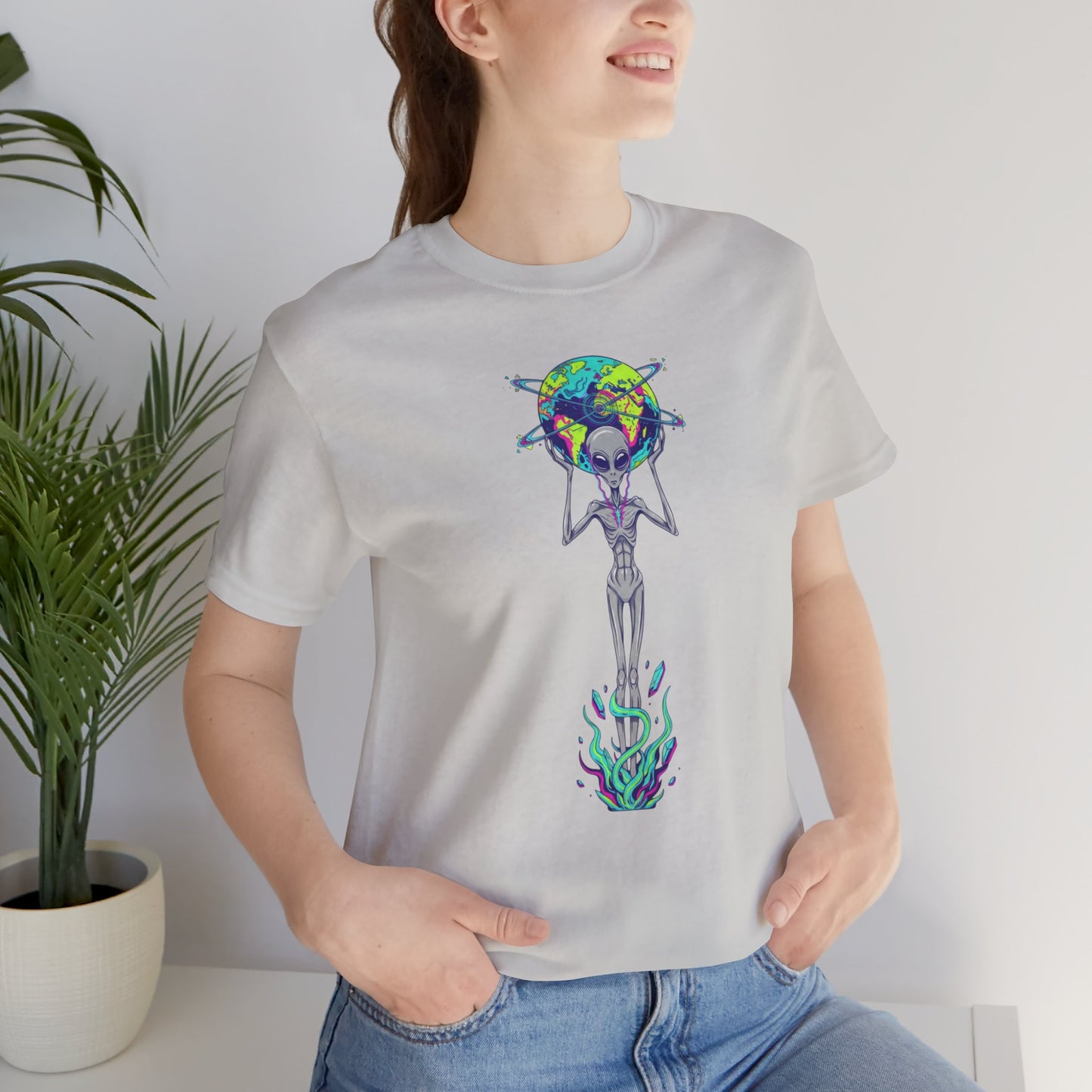 Alien Holding Earth Graphic Tee — Cosmic Sci‑Fi Alien Shirt