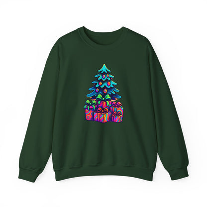 Psychedelic Christmas Tree Sweatshirt — Colorful Holiday Tree with Gifts Crewneck