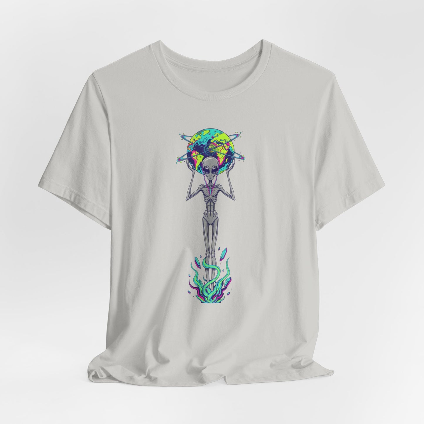 Alien Holding Earth Graphic Tee — Cosmic Sci‑Fi Alien Shirt