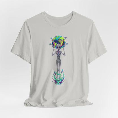 Alien Holding Earth Graphic Tee — Cosmic Sci‑Fi Alien Shirt