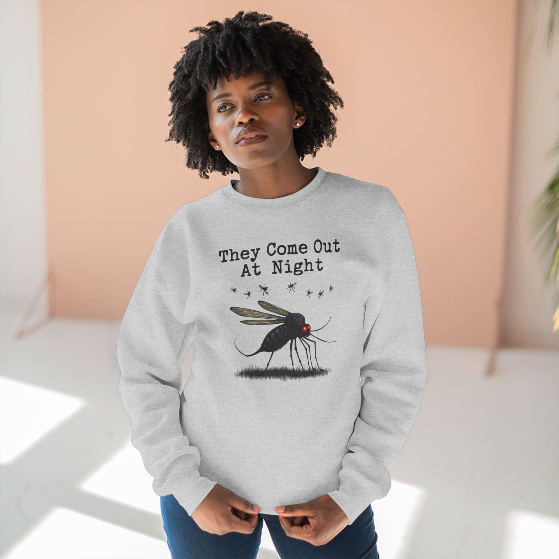 Mosquito, They come out at night, Cozy Nighttime Crewneck Sweatshirt, perfect for casual wear, gift for nature lovers, cozy evenings, Halloween, spooky season, graphic [...] - Psychonaut Swag
