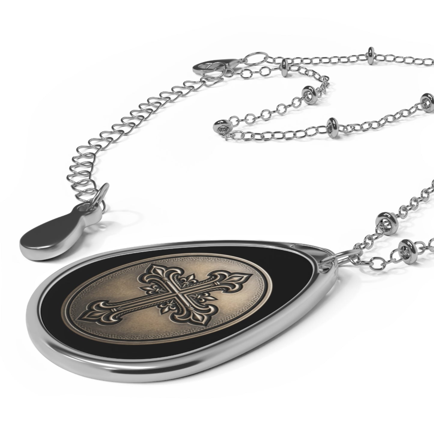 Oval Cross Pendant Necklace — Teardrop Religious Locket with Fleur-de-Lis Cross