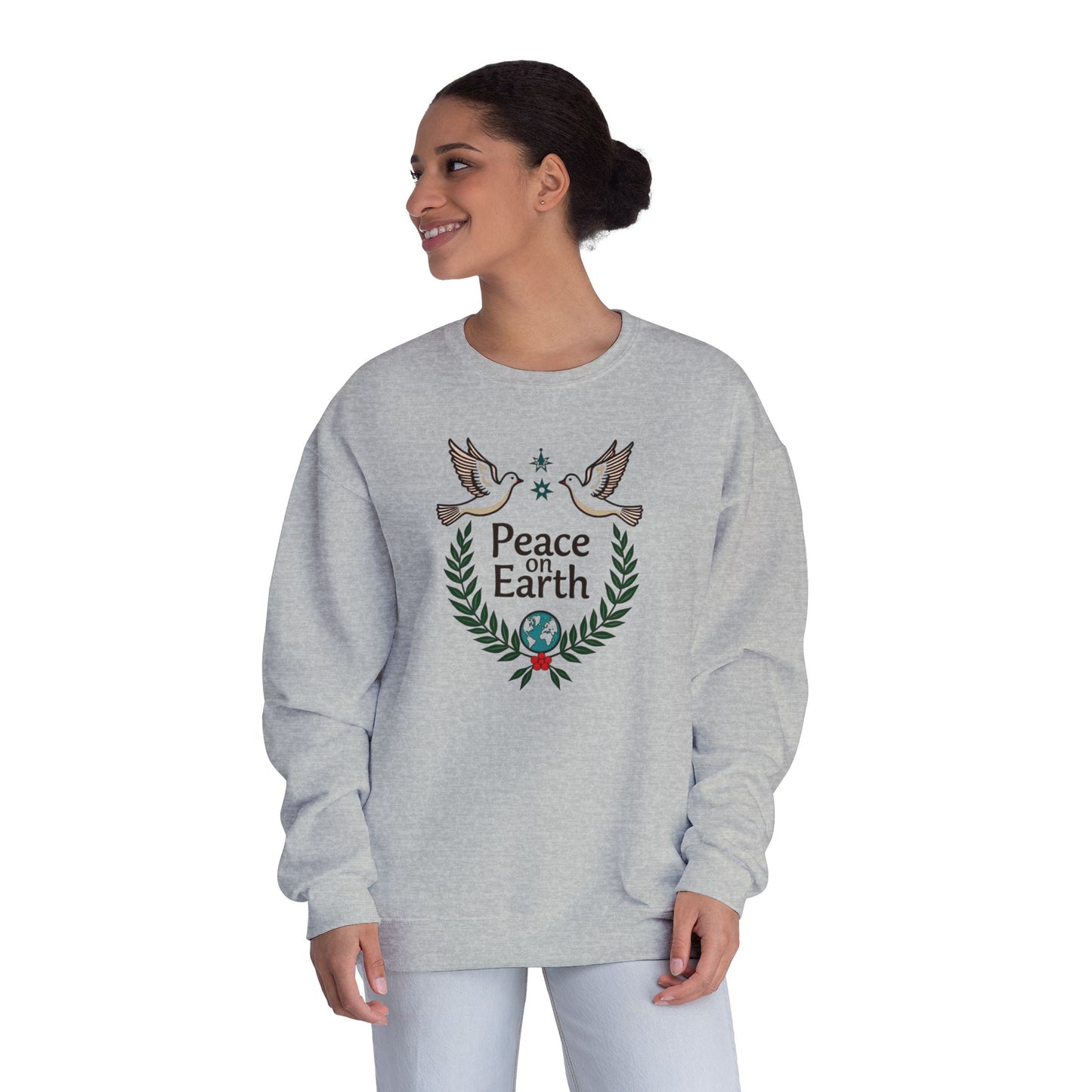 Peace on Earth Crewneck Sweatshirt — Holiday Dove & Laurel Graphic