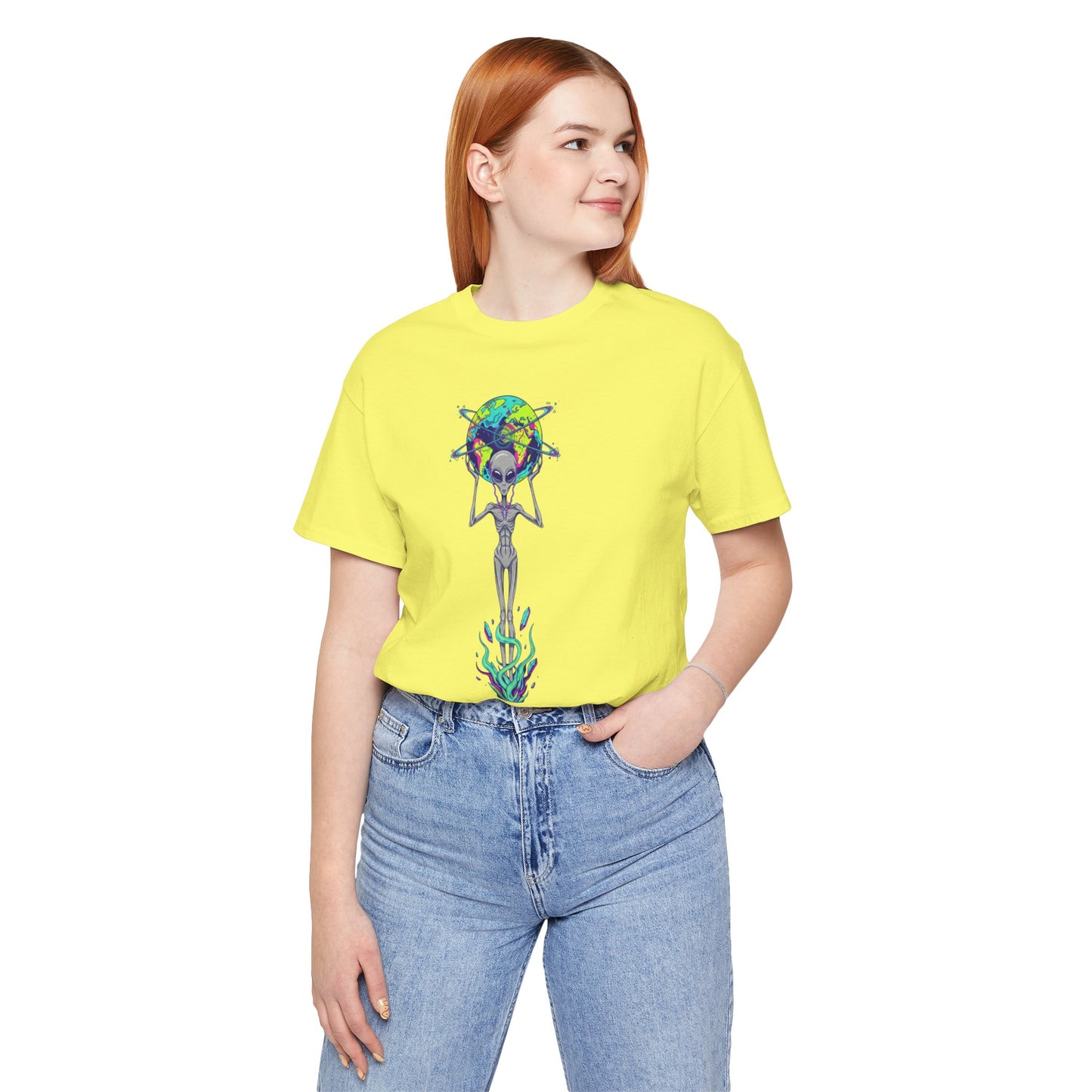 Alien Holding Earth Graphic Tee — Cosmic Sci‑Fi Alien Shirt