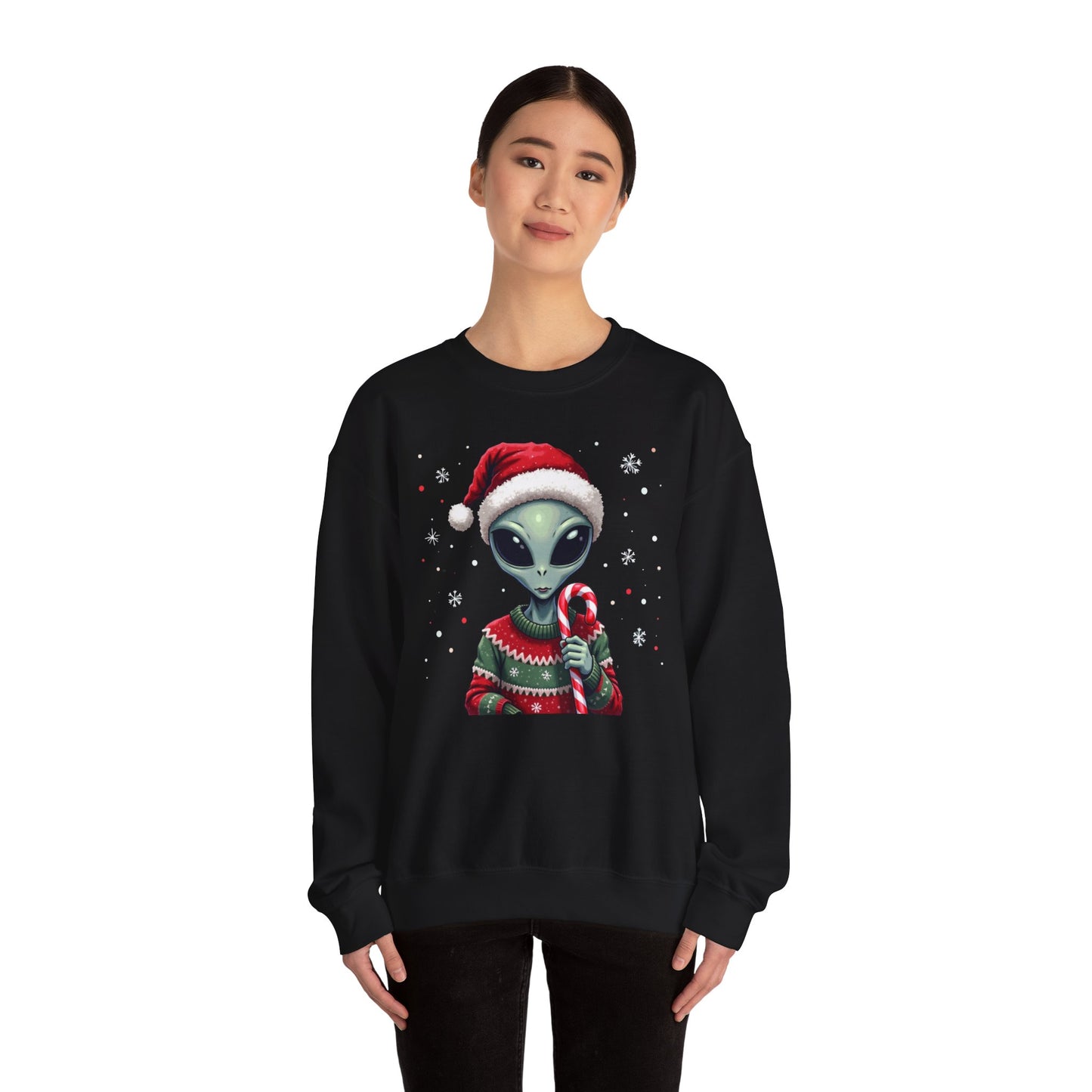 Alien Christmas Sweatshirt — Cute Santa Alien in Candy Cane Sweater