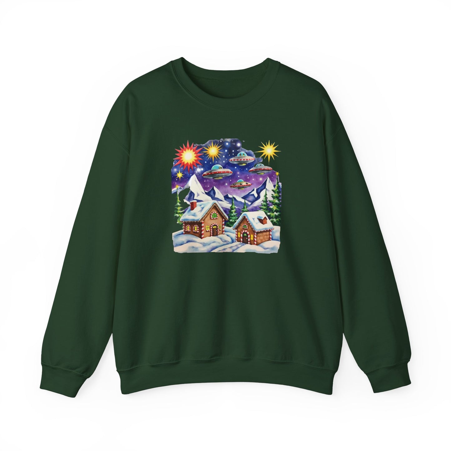 Crewneck Sweatshirt — Cozy Winter Cabin with UFO Nightscape