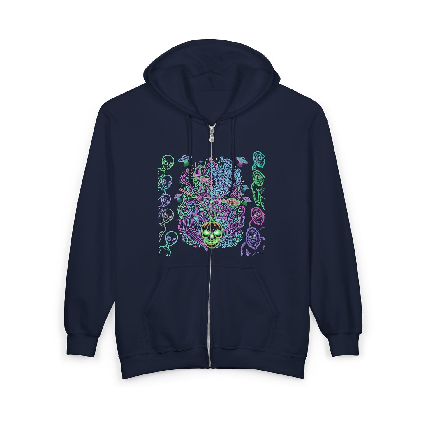 Psychedelic Watchers and Monsters,  Halloween Zip Hoodie — Neon Trippy Alien Art Full‑Zip Sweatshirt