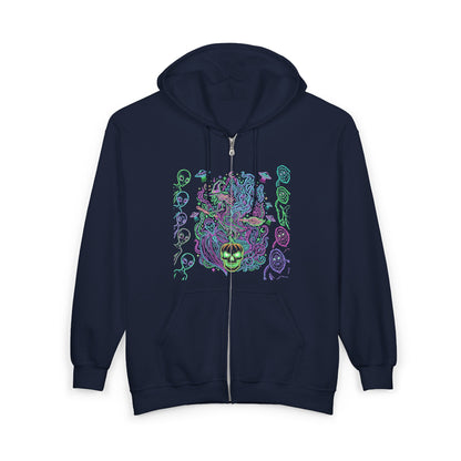 Psychedelic Watchers and Monsters,  Halloween Zip Hoodie — Neon Trippy Alien Art Full‑Zip Sweatshirt