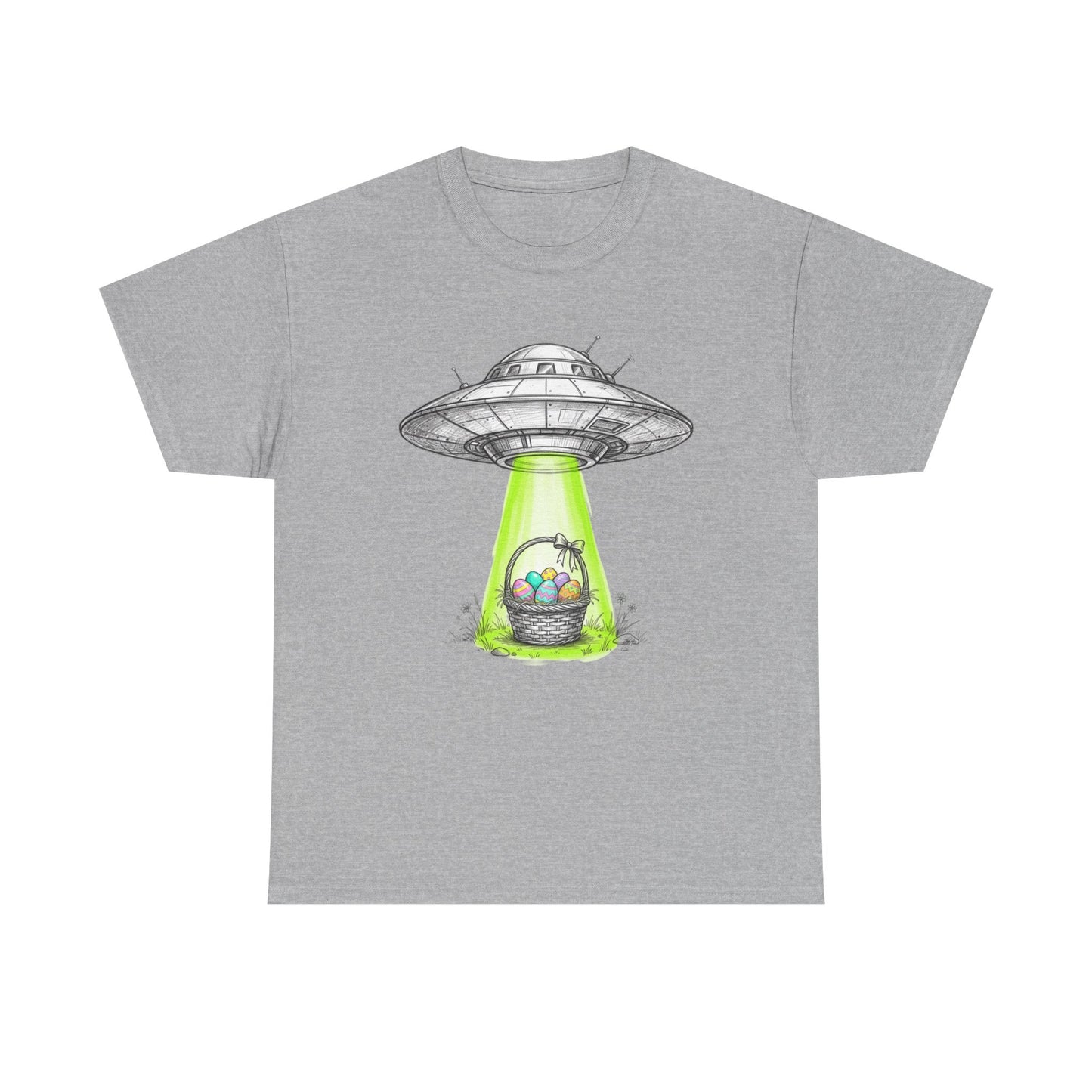Easter UFO Abduction T-Shirt — Alien Spaceship Beaming Up Easter Basket
