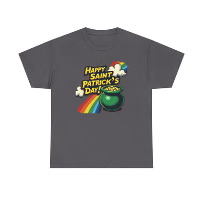 Saint Patrick's Day Tee — "Happy Saint Patrick's Day!" Pot of Gold Rainbow T-Shirt