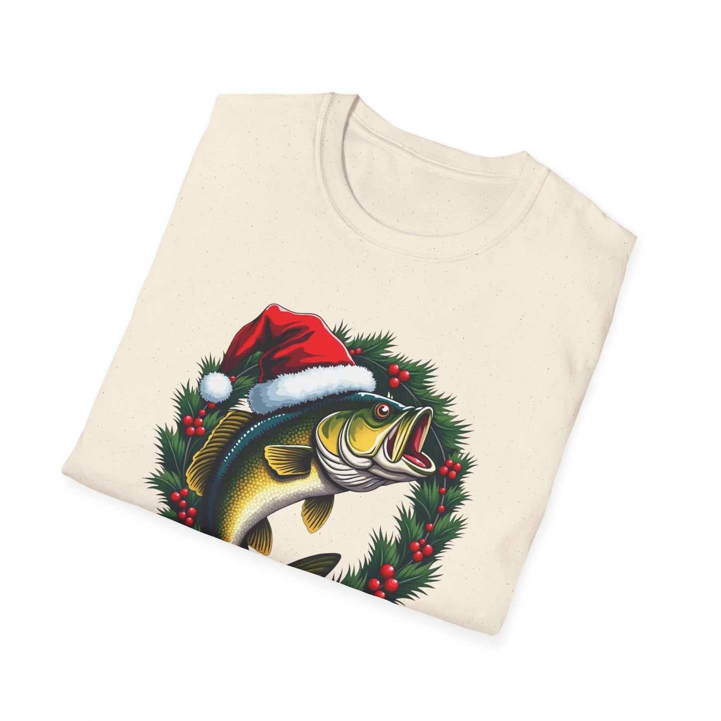 Christmas Wreath Bass Fishing T-Shirt — Santa Hat Fish Holiday Tee