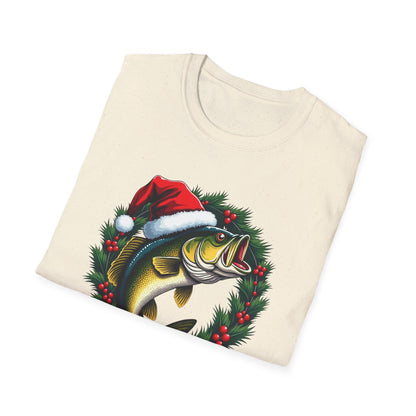 Christmas Wreath Bass Fishing T-Shirt — Santa Hat Fish Holiday Tee