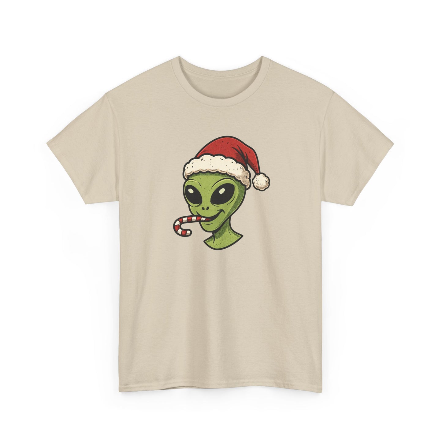 Alien Santa T-Shirt — Cute Green Alien with Santa Hat & Candy Cane Holiday Tee