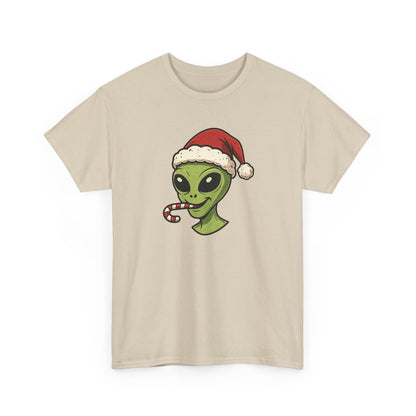 Alien Santa T-Shirt — Cute Green Alien with Santa Hat & Candy Cane Holiday Tee