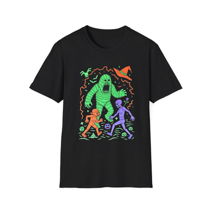 Sasquatch gets angry when out of candy Halloween T‑Shirt — Neon Green Creature Trick‑Or‑Treat Tee