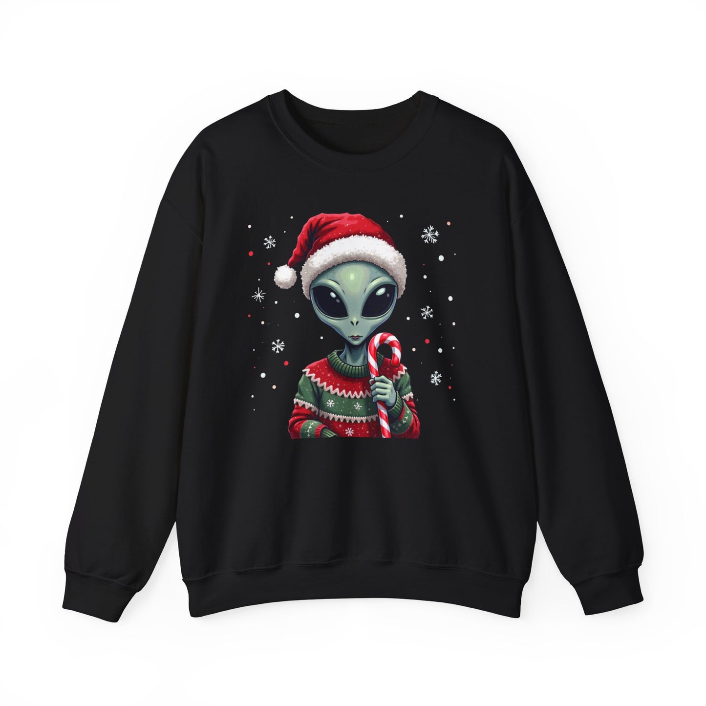 Alien Christmas Sweatshirt — Cute Santa Alien in Candy Cane Sweater