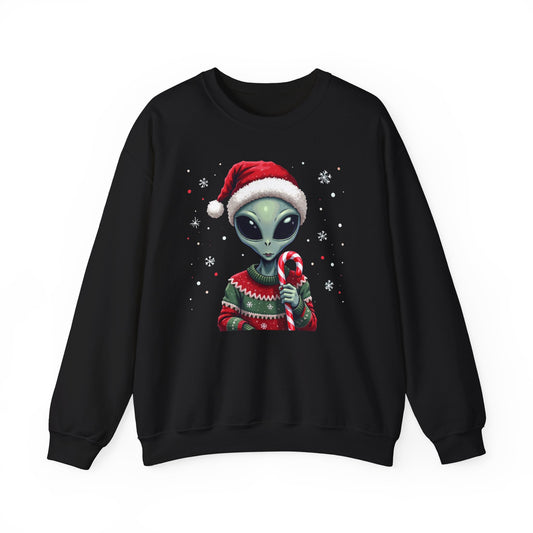 Alien Christmas Sweatshirt — Cute Santa Alien in Candy Cane Sweater