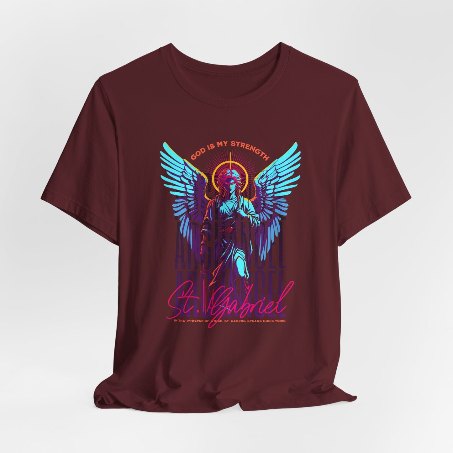 St. Gabriel Angel Tee — "God Is My Strength" Neon Graphic T-Shirt