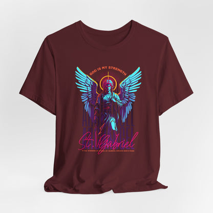 St. Gabriel Angel Tee — "God Is My Strength" Neon Graphic T-Shirt