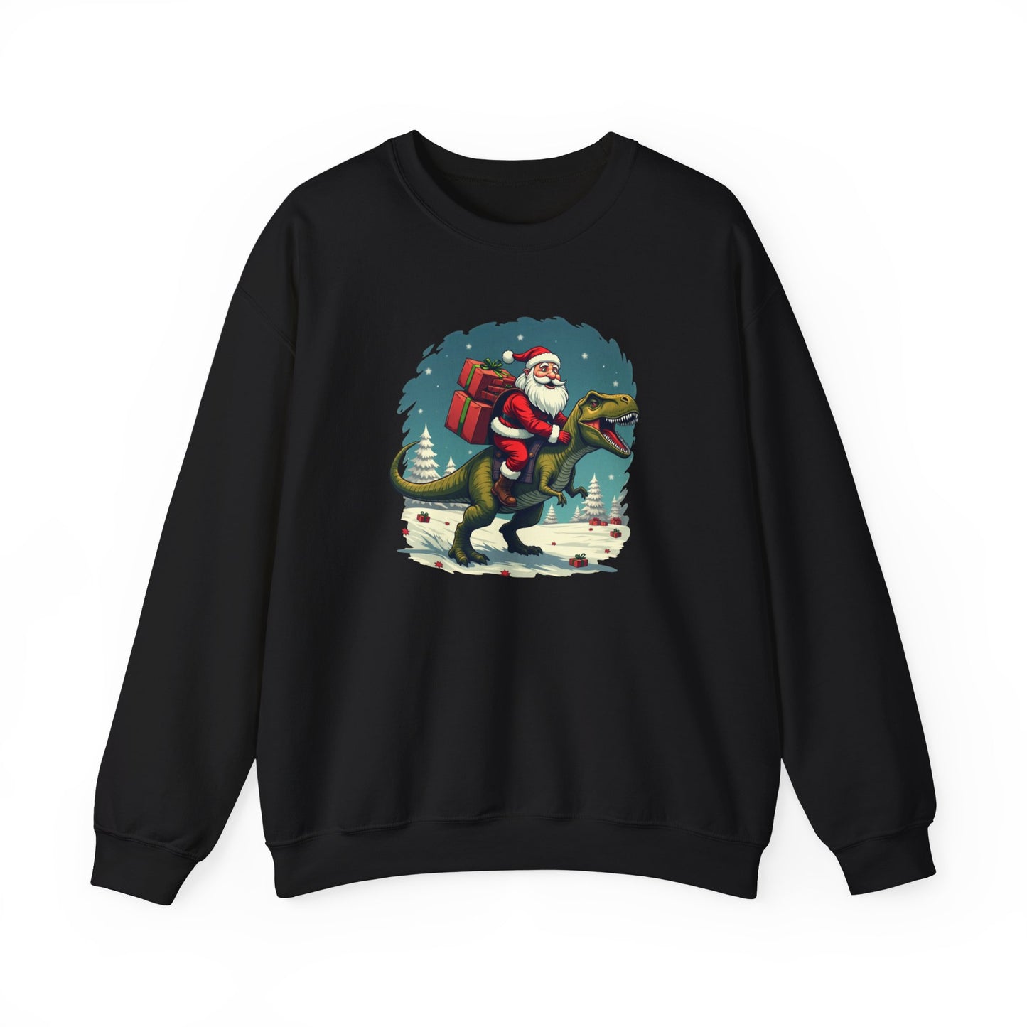 Santa Dashing through on a Dinosaur Sweatshirt — Santa Riding T-Rex Holiday Crewneck