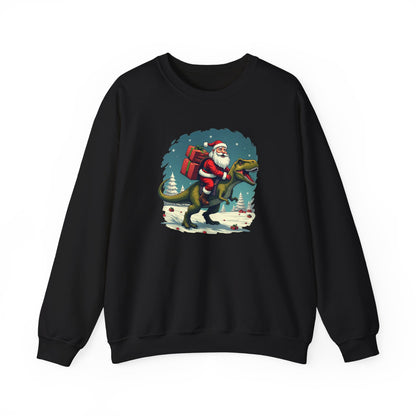 Santa Dashing through on a Dinosaur Sweatshirt — Santa Riding T-Rex Holiday Crewneck