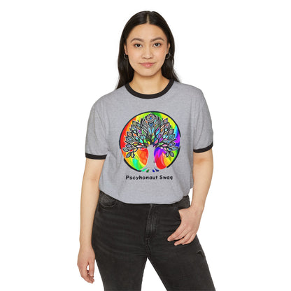 Psychedelic Tree, Unisex Cotton Ringer T-Shirt