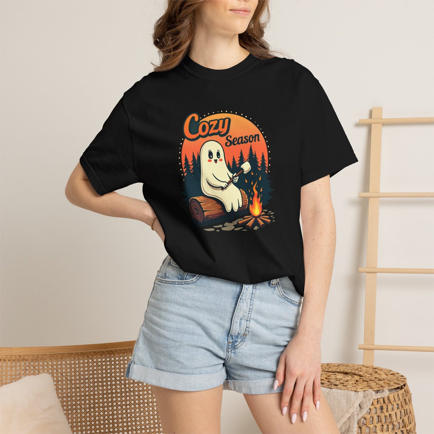 Cozy Season Ghost Tee — Campfire Autumn Graphic T-Shirt