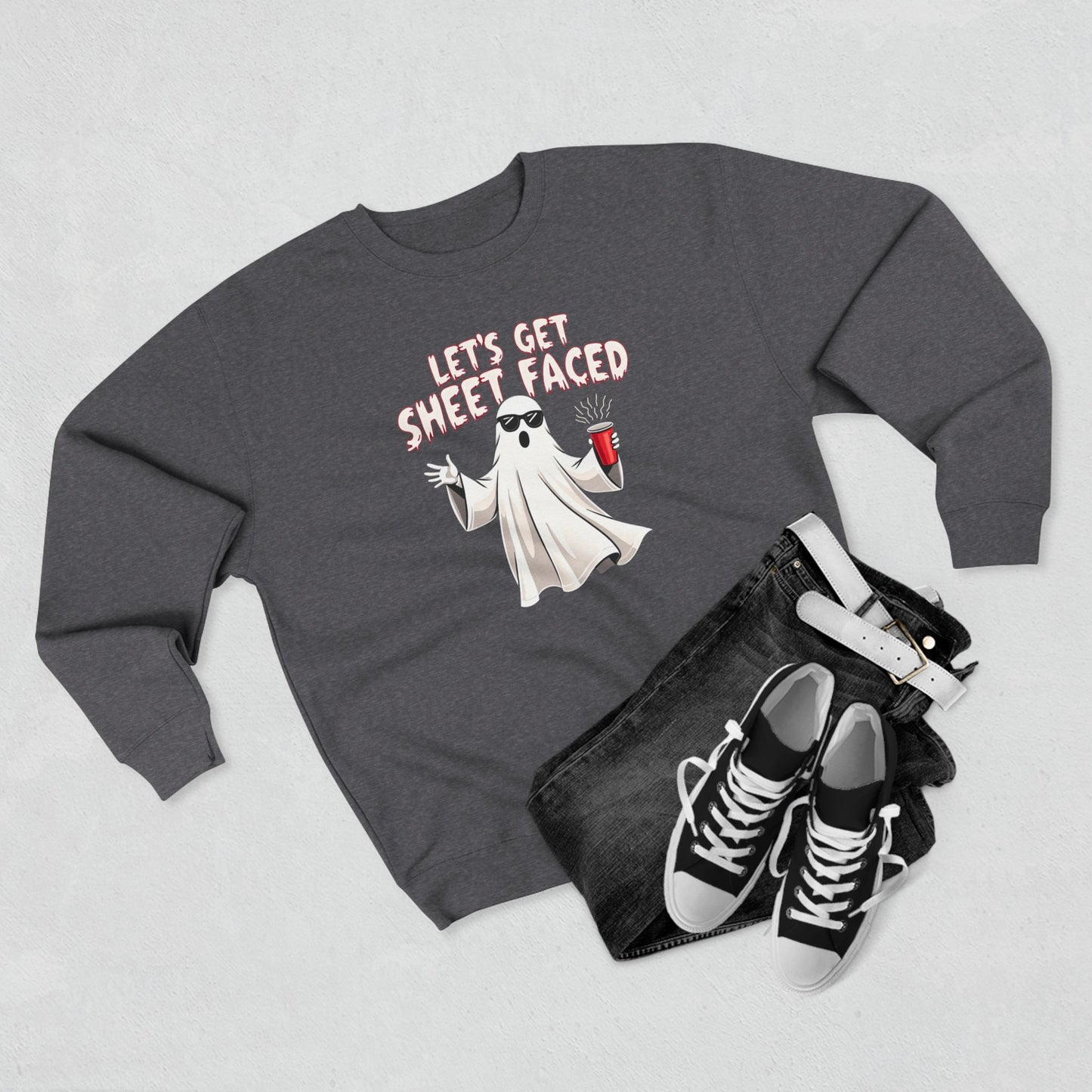 Halloween Ghost Sweatshirt — "Let's Get Sheet Faced" Funny Party Crewneck