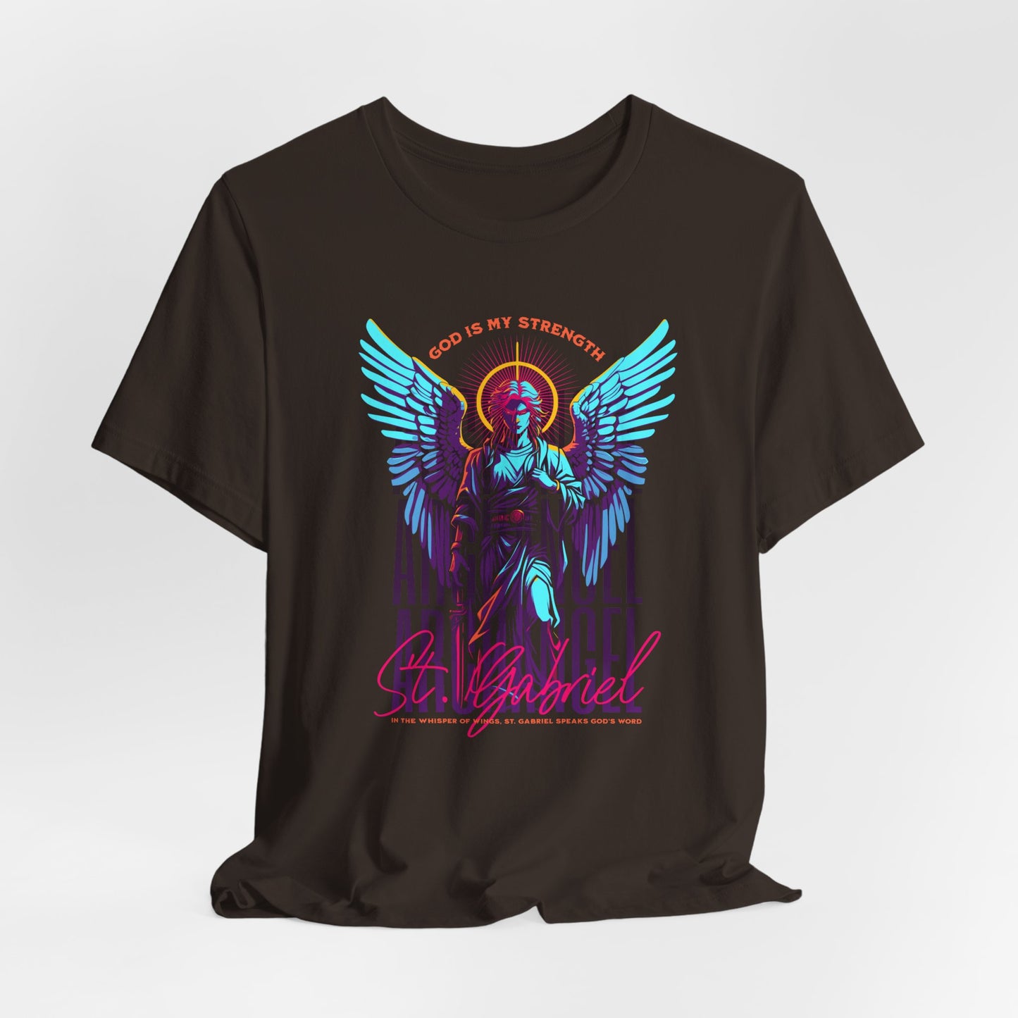 St. Gabriel Angel Tee — "God Is My Strength" Neon Graphic T-Shirt