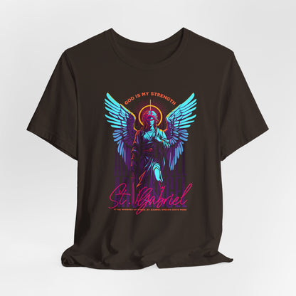 St. Gabriel Angel Tee — "God Is My Strength" Neon Graphic T-Shirt