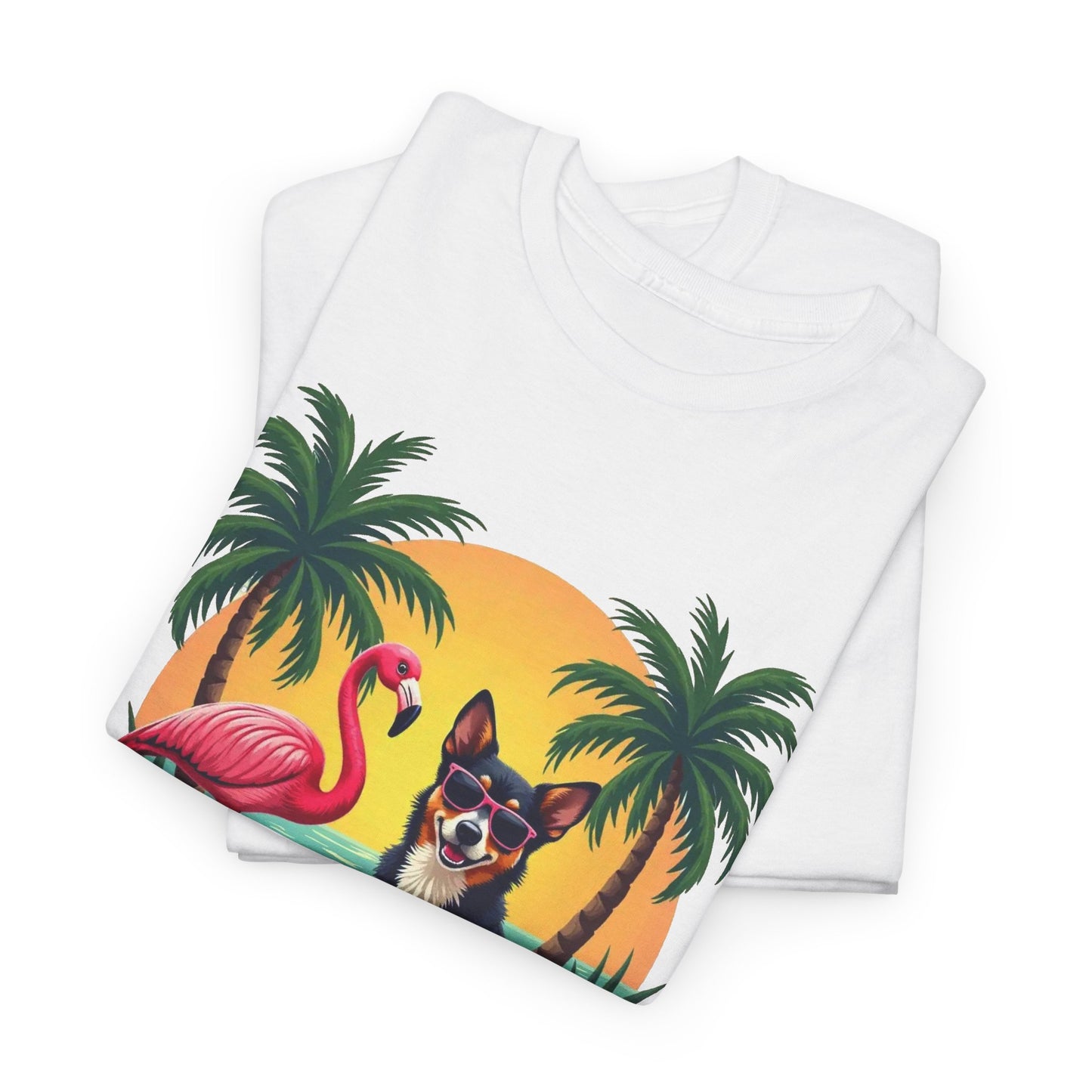 Dog Beach Sunset T-Shirt — Tropical Flamingo Palm Tee