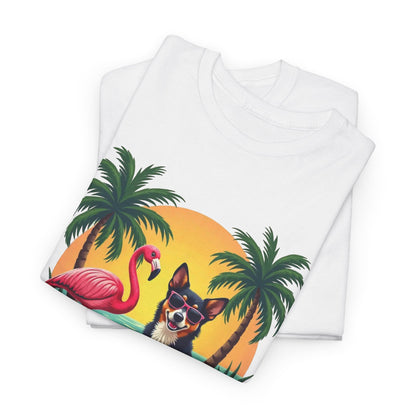 Dog Beach Sunset T-Shirt — Tropical Flamingo Palm Tee