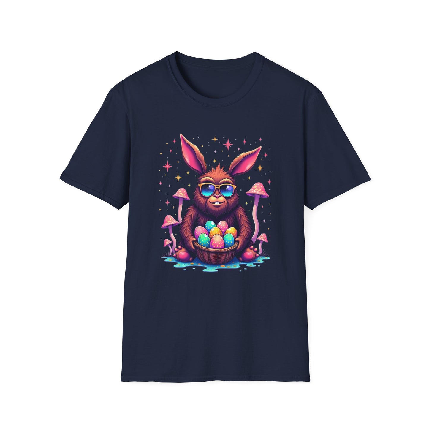 Easter Bunny Sasquatch T-Shirt — Colorful Psychedelic Bunny with Egg Basket
