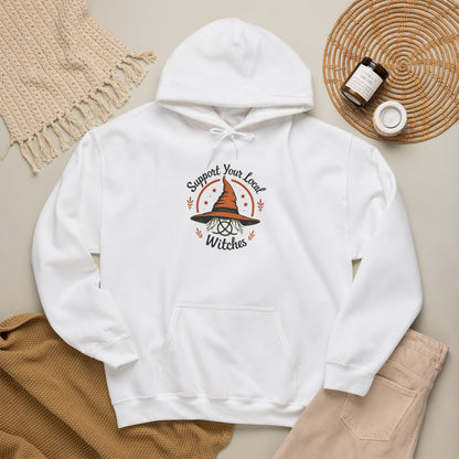 Support Your Local Witches Hoodie — Cute Witch Hat Graphic Pullover for Halloween