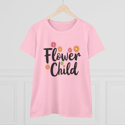Flower Child Women's Midweight Cotton Tee - Boho Vintage Style Shirt for Everyday Wear - Psychonaut Swag