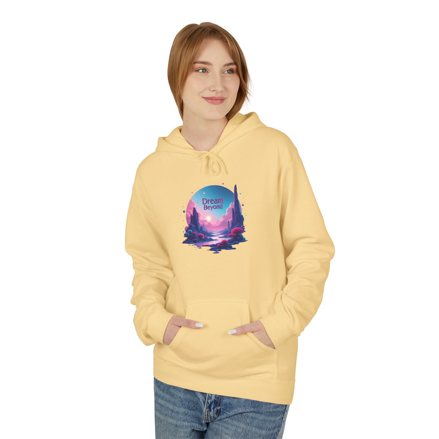 Retro Vaporwave Nature Hoodie — Neon Sunset Cityscape Graphic