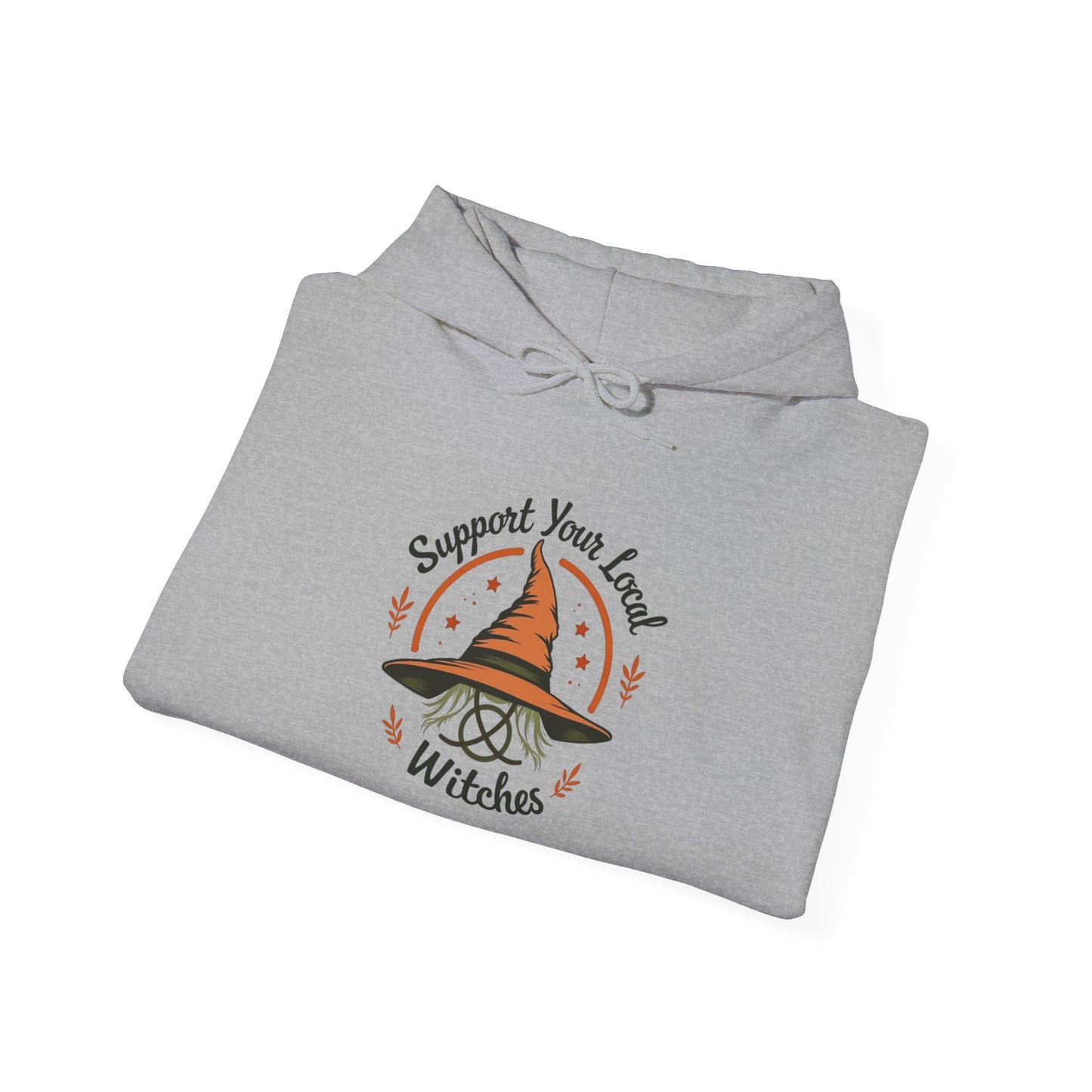 Support Your Local Witches Hoodie — Cute Witch Hat Graphic Pullover for Halloween