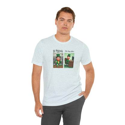 St. Patrick's Day Leprechaun Funny Cartoon T-Shirt — "St. Patrick's Day / The Day After" Tee