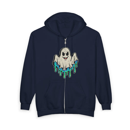 Drippy Ghost Zip Hoodie — Cute Spooky Graphic Halloween Sweatshirt