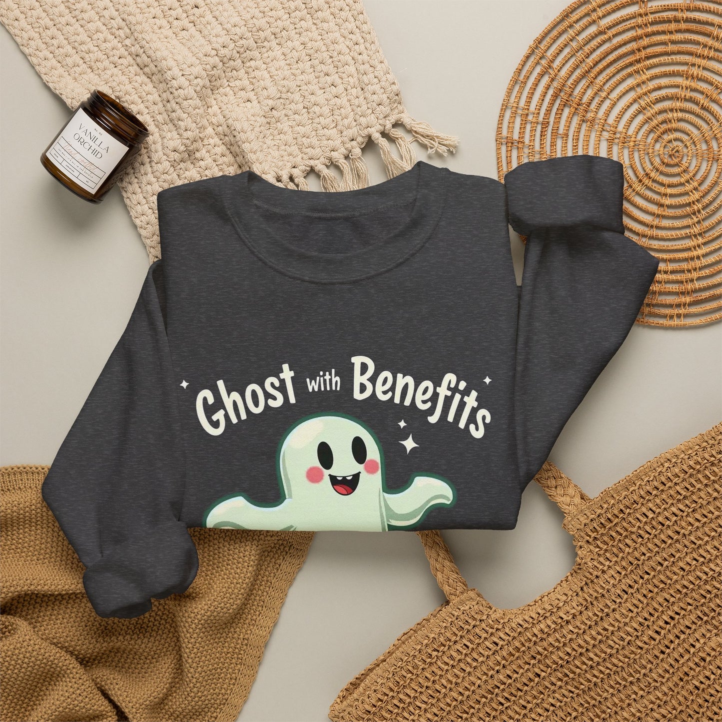 Ghost with Benefits Crewneck Sweatshirt — Cute Halloween Ghost Graphic
