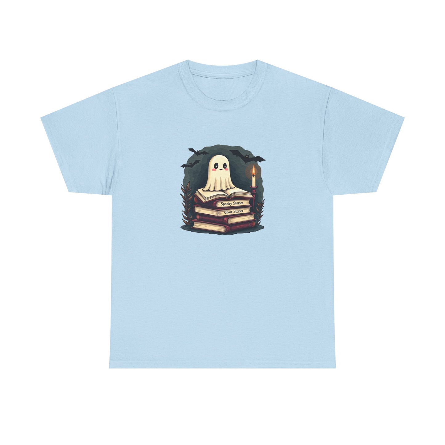 Ghost Reader T-Shirt — Cute Ghost on Stacked Books Halloween Tee