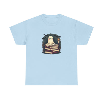 Ghost Reader T-Shirt — Cute Ghost on Stacked Books Halloween Tee