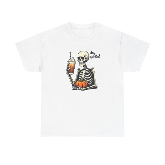 Stay Spirited Skeleton Pumpkin Tee — Halloween Coffee Shirt