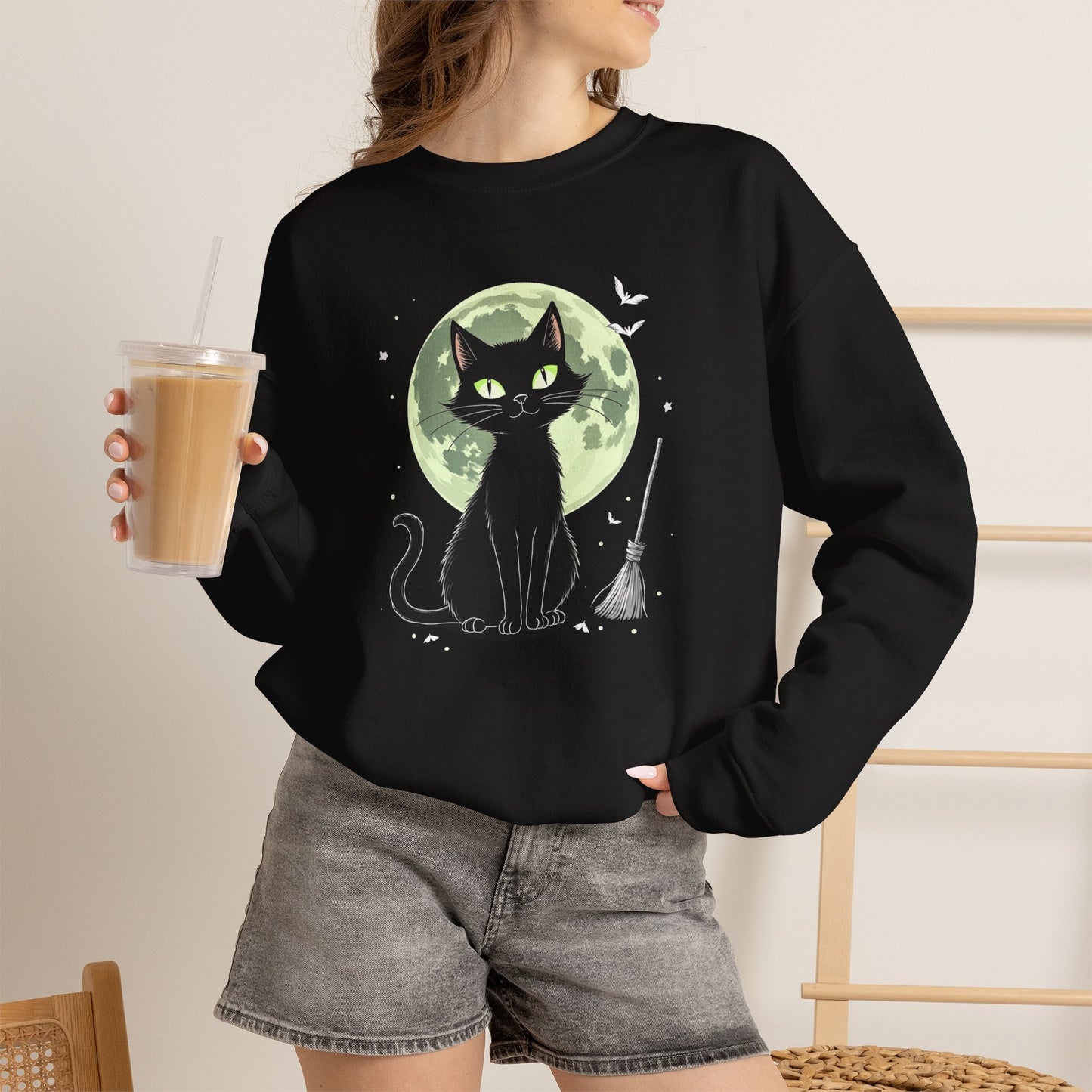 Black Cat Moon Crewneck Sweatshirt — Cute Witchy Cat Graphic