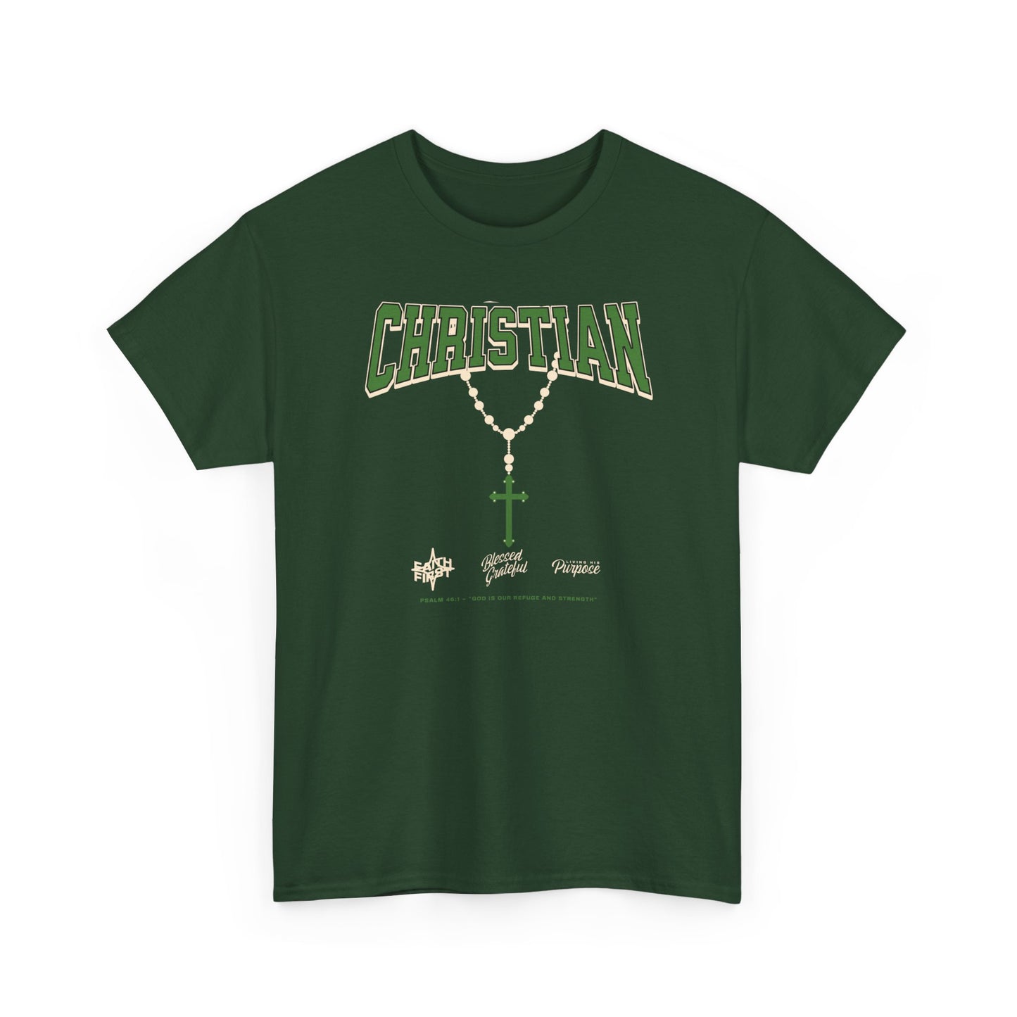 Christian Graphic Tee — Green Rosary Cross Shirt