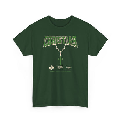 Christian Graphic Tee — Green Rosary Cross Shirt