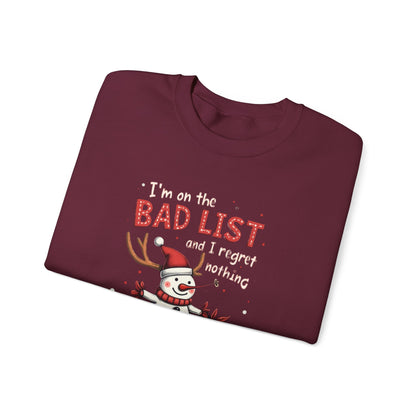 Bad List Snowman Sweatshirt — Funny Christmas Holiday Crewneck