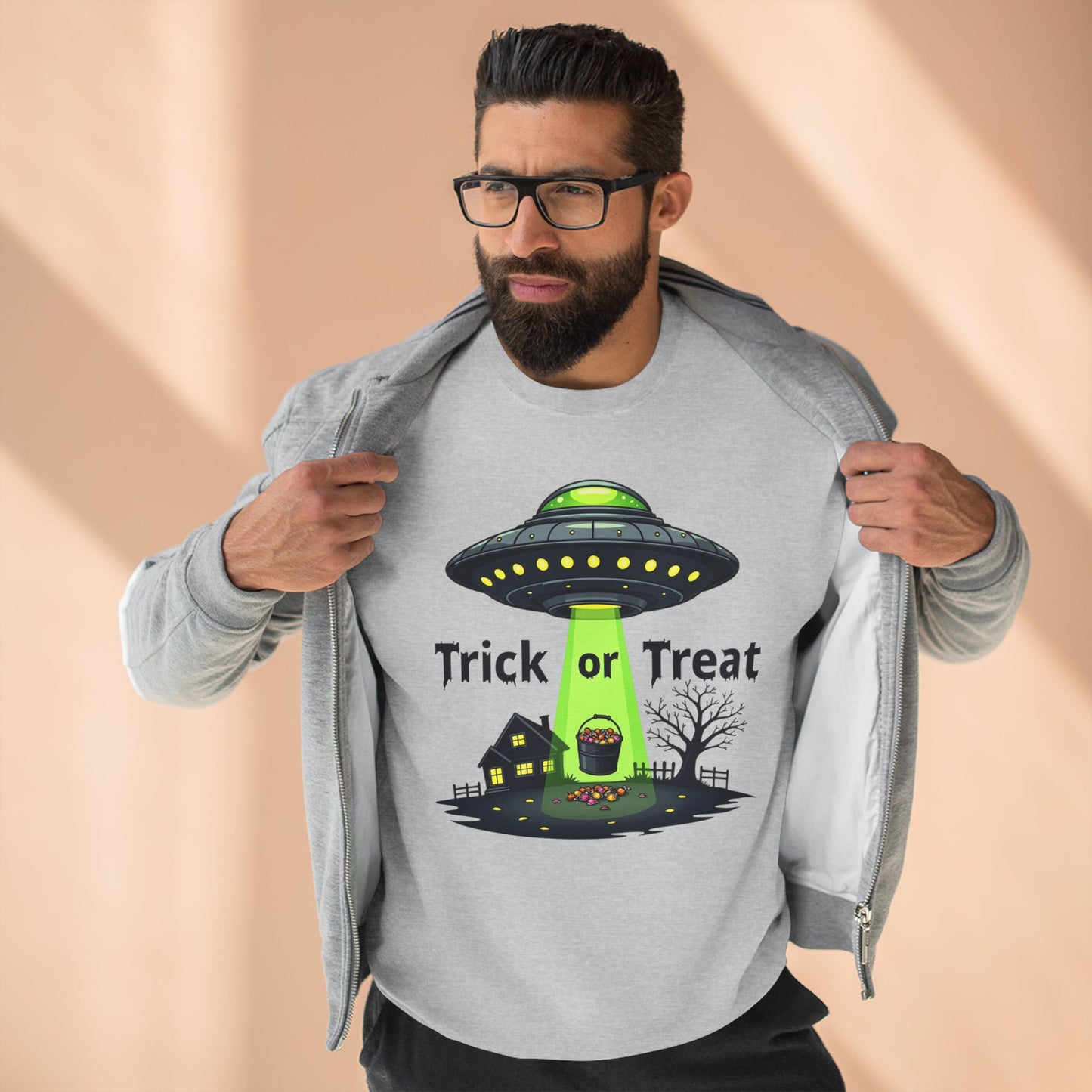 Halloween UFO Sweatshirt - "Trick or Treat" Alien Abduction Crewneck