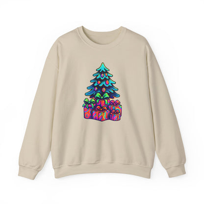 Psychedelic Christmas Tree Sweatshirt — Colorful Holiday Tree with Gifts Crewneck