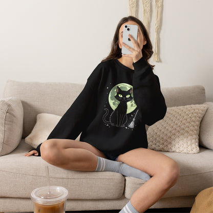 Black Cat Moon Crewneck Sweatshirt — Cute Witchy Cat Graphic